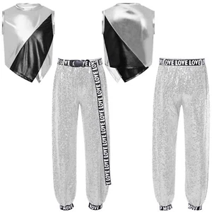 Kids Girls Set Dancewear Suit Color Block Outfit Stage Performance Sleeveless - Picture 1 of 62