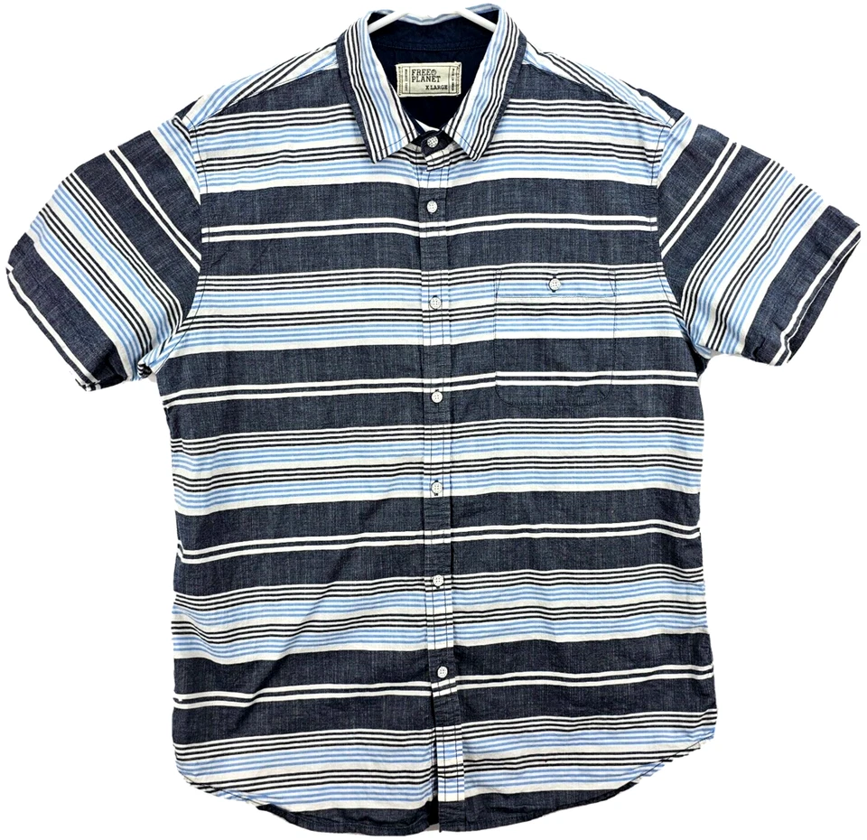 Free Planet Men's Shirt Size XLarge Short Sleeve Button White/Gray/Blue Striped - Image 1 of 4