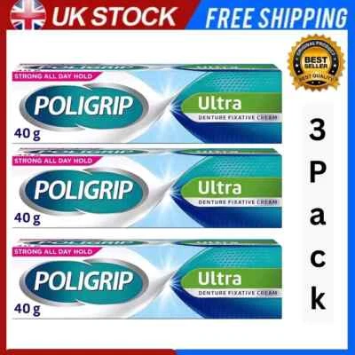 3x Poligrip Ultra Denture Fixative Cream 40g Polygrip zinc free - Mint Flavour
