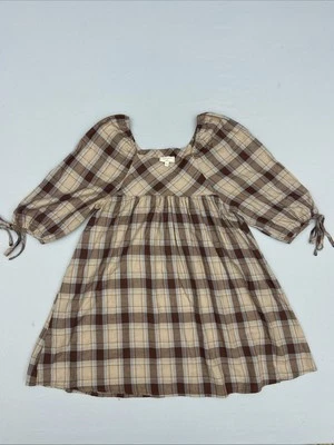 Mini Vestido Hayden Babydoll a Cuadros Calado Marrón Manga Abullonada Boho Niñas Grande - K Foto 1 de 4