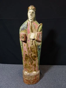 Sculpture statue ancienne 19 siècle XIX en bois sculpté saint ecclésiastique - Imagen 1 de 22
