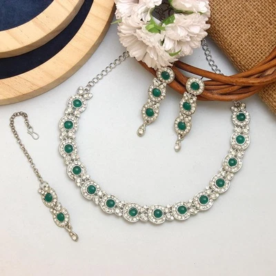 印度婚礼和派对镀银水钻昆丹珠宝套装美国免税 — 第 1/4 张图片