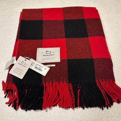 Woolrich Wool Buffalo Plaid Throw Blanket Red and Black w Fringe Made in Italy - Image 1 of 4