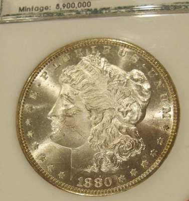 Dólar de plata Morgan 1880 S-BU, PCI código de 10 dígitos, camafeo de tono claro escarcha 5142 Foto 1 de 3