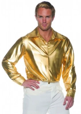 Camisa discoteca años 70-80 para hombre plateada u dorada polielástica tela metálica disfraz  Foto 1 de 2