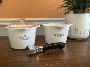 Corning Ware Blue Cornflower Saucemaker P-55-B 1 Qt 4 Cup Set 2 w/ Lid & Handle - Picture 1 of 21