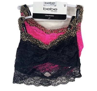 Bebe 2 Pack Black Pink Lace Bralette NWT MSRP $42 Medium Leopard Animal Print - Image 1 of 4