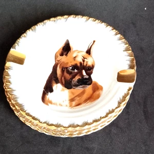 French Bull Dog Trinket Dish Ashtray Gold Scalloped Trim Accents Sunsco Vtg 4.5" - Picture 1 of 6
