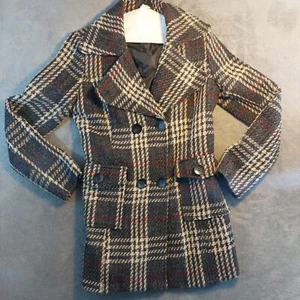 PARIS BLUES  Check  Window Plaid Woven Wool Blend Double-breasted Pea Coat  - Picture 1 of 5