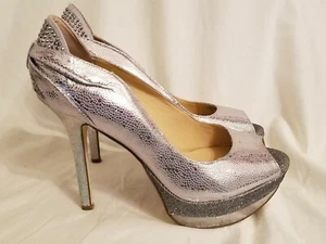 Gianna Bini Shimmery Silver Peep Toe Platform Stiletto Heels studs SEXY! sz US 9 - Picture 1 of 7