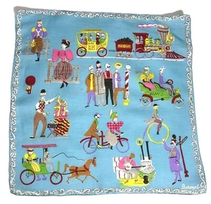 Vtg. BURMEL Linen Hanky Novelty Victorian Era Industrial Age Colorful NOS - Picture 1 of 9