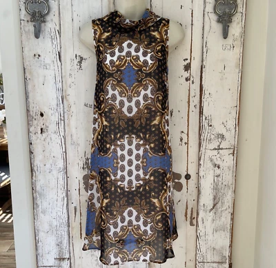 Vestido Sharagano Talla 6 Mujer Azul Blanco Marrón Negro Sin Mangas Boho Shift Foto 1 de 4