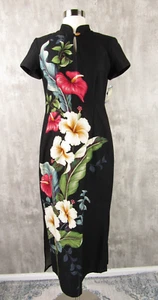 IOLANI NEW Classics Cheongsam Style Hawaiian Barkcloth Hibiscus Midi Dress Small - Picture 1 of 7