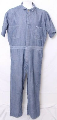Vtg Universal Overall USA Blue Herringbone Work Button Up SS Coveralls Men's 56 - Image 1 of 4