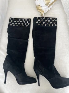 Made In Italy vero cuoio Vintage Blk Suede Studded Top. Knee High Stiletto Boots - Picture 1 of 6