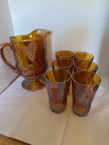 Vintage Indiana Harvest Traube Karneval Glas Bernstein Krug & 6 Gläser-Becher - Bild 1 von 5