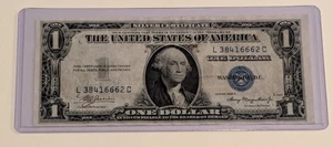 US One Dollar, 1935 A, $1 Silver Certificate, AU, Off Center Cut, Blue Seal  - Picture 1 of 2