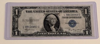 US One Dollar, 1935 A, $1 Silver Certificate, AU, Off Center Cut, Blue Seal  - Image 1 of 2
