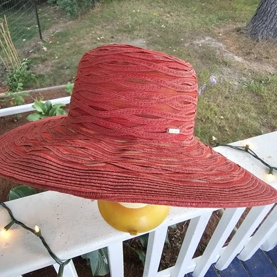 Nine West Wide Brim Sun Hat Coral Floppy Beach Garden Cottage Boho - Image 1 of 4