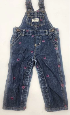 OSHKOSH B’GOSH Vestbak Embroidered Overalls Sz 12 MO Cotton Denim Pink Heart  - Image 1 of 4