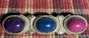 Vintage Gold Tone Metal Glass Stones 1980's Bar Brooch Pin Rose, blue and purple - Picture 1 of 5