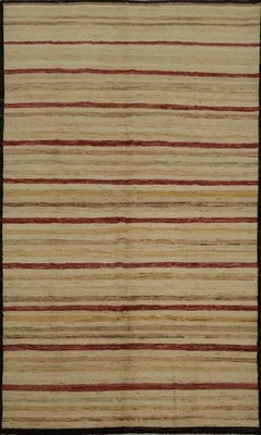 Warm Beige and Red Area Rug 7x10 Striped Pattern Modern Style Handmade Wool - Image 1 of 4