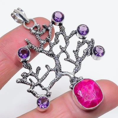 Ruby(Simulated), Amethyst Gemstone 925 Sterling Silver Pendant 2.56" q461 - Image 1 of 2