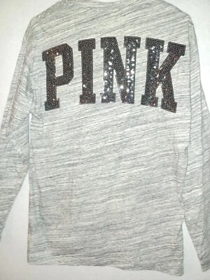 Victoria Secret PINK Tshirt S Long Sleeve Women Top Tee Logo Sequin Bling Pocket - Image 1 of 4