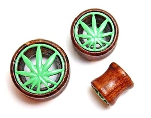 1 Cannabis Dope Leaf Plant Logo symbol Wooden Tunnel Ear Plugs Expander Earring - Picture 1 of 3