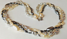 "SA20"--pretty vintage 3 row pearly white, metallic silver, grey beads necklace