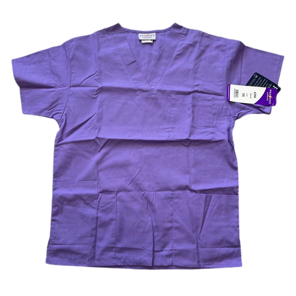 PEACHES Uniforms Womens  SCRUB top Sz XS Lilac 4256 -4Patch N  Chest Pockets NEW - Image 1 of 4