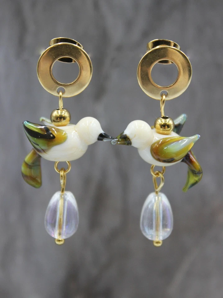 Edelstahl Gold Ohrringe Ohrstecker Vögel Lampwork Boho Perlen #D073 - Bild 1 von 4