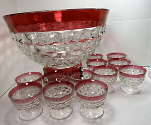 Tiffin Kings Crown Ruby Red Flash Punch Bowl 12 Cups Glass Set