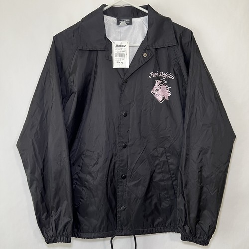 COACH Giacca a vento allenatore Pink Dolphin full snap up taglia media nylon nero nuova con etichetta