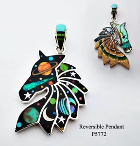 REVERSIBLE CELESTIAL SUN MOON STARS MULTICOLOR INLAY .925 SILVER HORSE PENDANT - Picture 1 of 4