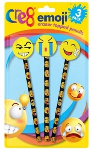 Cre8 Emoji 3 X Pencil And 3 X Eraser Top Set Stationary - Picture 1 of 3