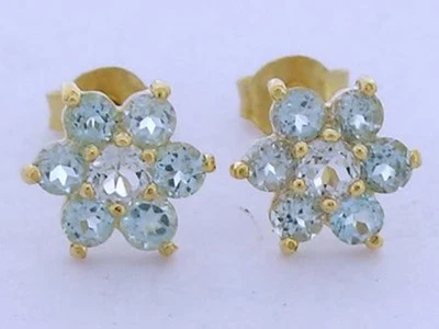 s E058 Genuino Oro Amarillo 9K Natural Aguamarina Flor Racimo Pendientes Foto 1 de 4