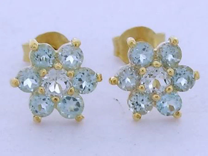 s E058 Genuino Oro Amarillo 9K Natural Aguamarina Flor Racimo Pendientes Foto 1 de 4