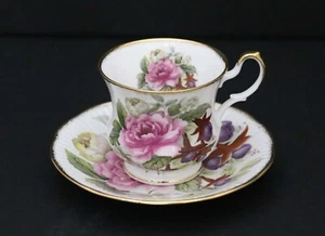 Rosina Queens Footed Cup & Saucer w/ Gilt Edges. Floral Bouquet. Pink and Purple - Picture 1 of 8
