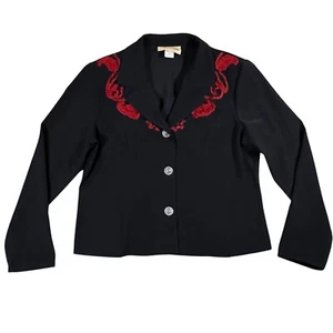New Frontier Western Crop Black Blazer Jacket Red Floral Embroidery Size Large - Picture 1 of 10