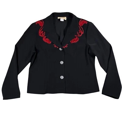 Nueva Chaqueta Blazer Frontier Western Crop Negra Roja Floral Bordada Talla Grande Foto 1 de 4