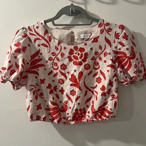 Cupcakes und Kaschmir Crop Top Gr. Medium rot Blumen Leinenmischung Puffärmel - Bild 1 von 15