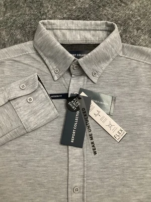 Report Collection Flex Knit Shirt Gray Modern Fit Untucked Style Mens Size M NEW - Image 1 of 4