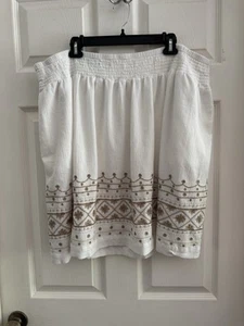 J Jill Skirt Lined 3X White Brown Embroidery Smocked Waist Crinkle Gauze - Picture 1 of 12