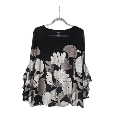 Alfani Mujer 1X Blusa Dobladillo Burbuja Floral Elastizada Mangas Transparentes Volantes en Cascada Foto 1 de 4