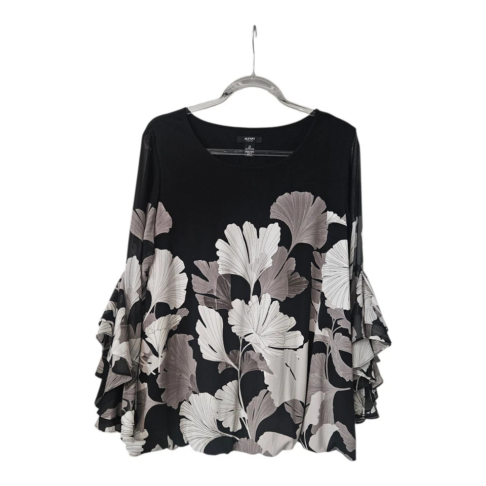Alfani Mujer 1X Blusa Dobladillo Burbuja Floral Elastizada Mangas Transparentes Volantes en Cascada Foto 1 de 4