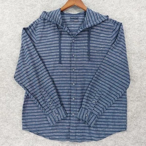 Bruno Shirt Mens Sz L Blue Striped Hooded Washable Linen Button Up Cottagecore - Picture 1 of 10