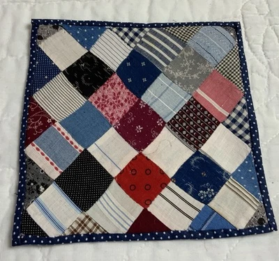 Vintage Patchwork Quilt Table Topper, Four Patch, Early Calico Prints, Blue, Red - Image 1 of 4