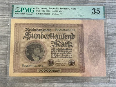 1923- Germany, Rep. Treasury Note- 100,000 Mark- PMG- 35 CH VF- Pick 83a- w/o T - Image 1 of 2