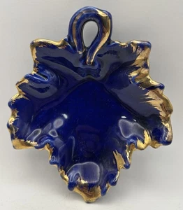 Vintage USA Pottery Blue & Gold Maple Leaf Trinket Dish 6.5 in. - Picture 1 of 7